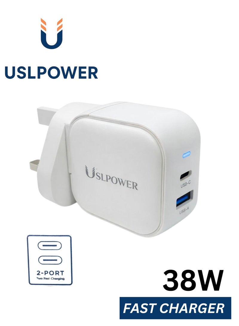 USLPOWER Power Adapter 38W GaN Fast Charger, Dual Port USB-C PD + USB-A QC Wall Charger, Fast Charging Power Adaptor for Smartphones & Tablets - Image 1